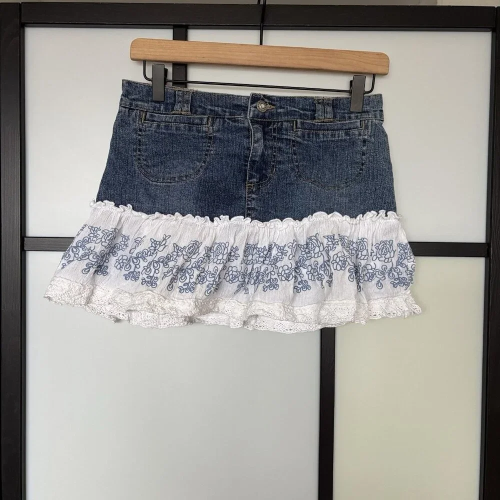 Vintage Y2K‎ Candies Tiered MINI Denim Skirt Sz 14 Teen Boho Western Cowgirl